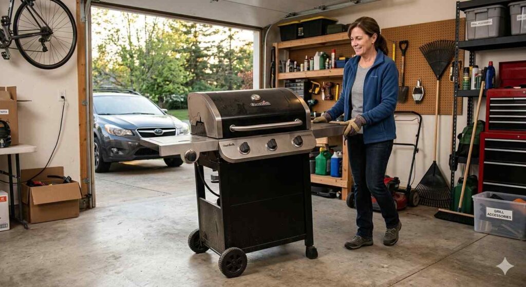 Woman Storing Her Gas Grill In The Garage