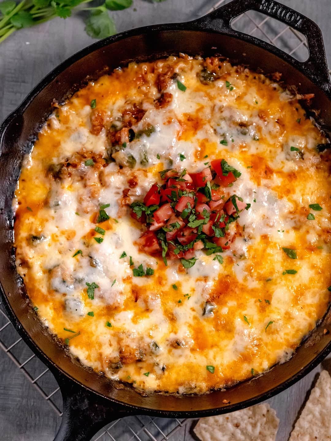 cast iron smoked queso dip with chorizo
