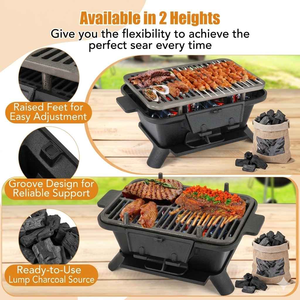 Costway 100 Percent Cast Iron Hibachi Grill With Grill Grate Lifter