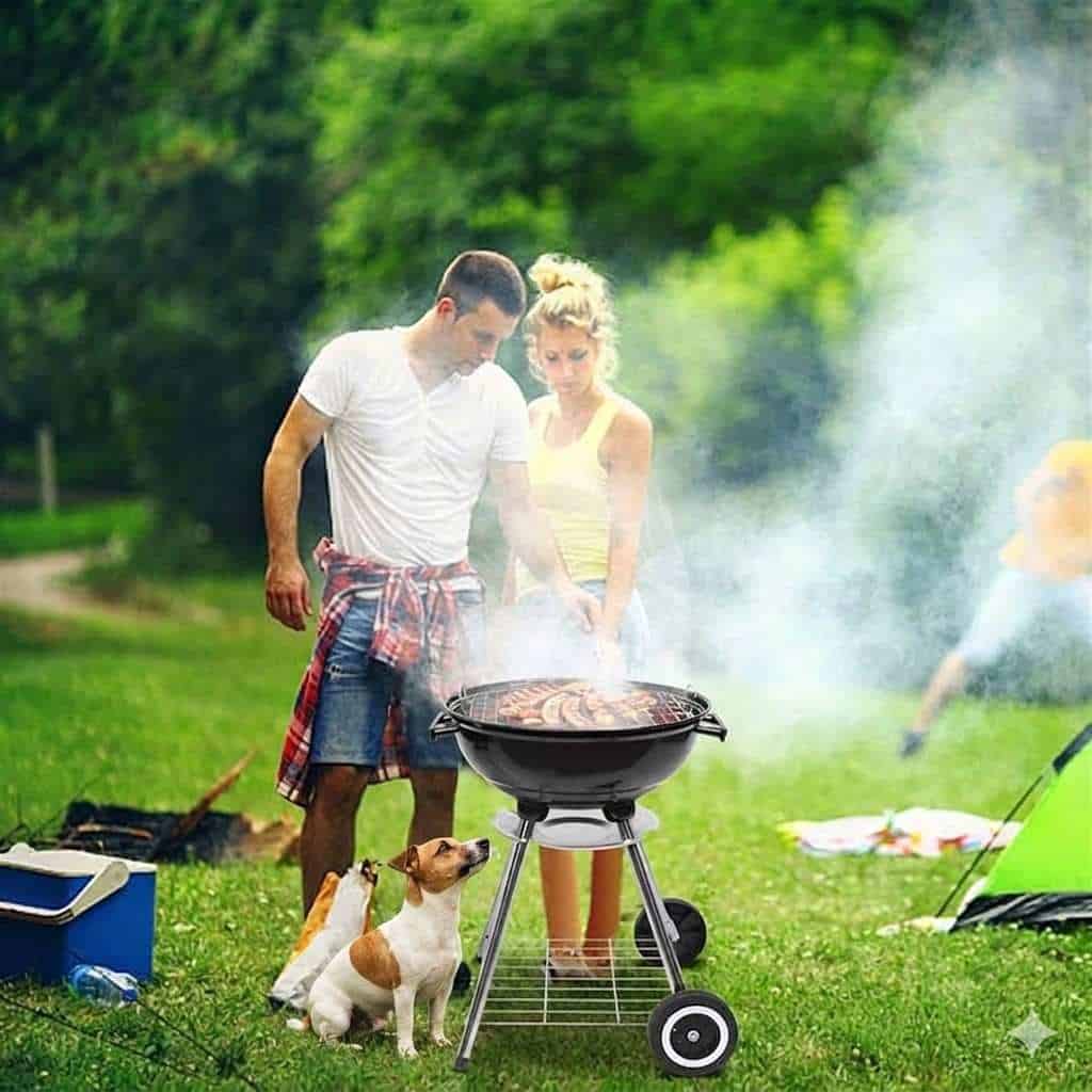 Couple Grilling With Their Dog Waiting For Food