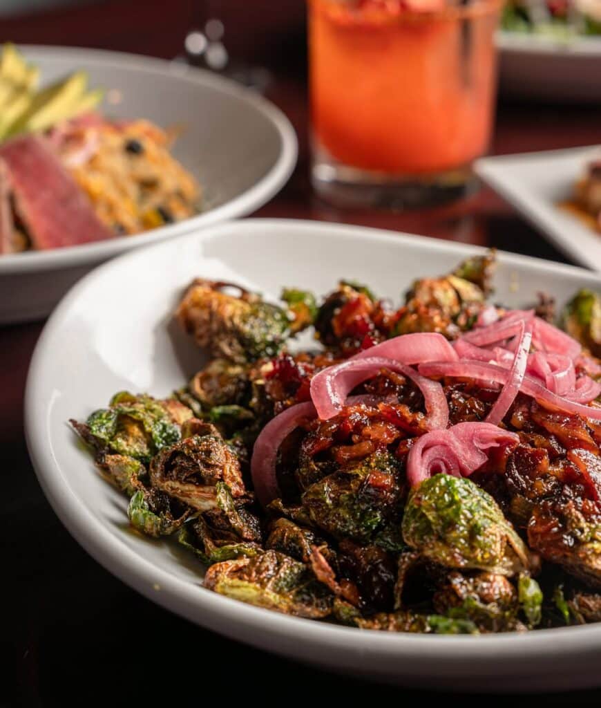 crispy grilled brussels sprouts with bacon jam