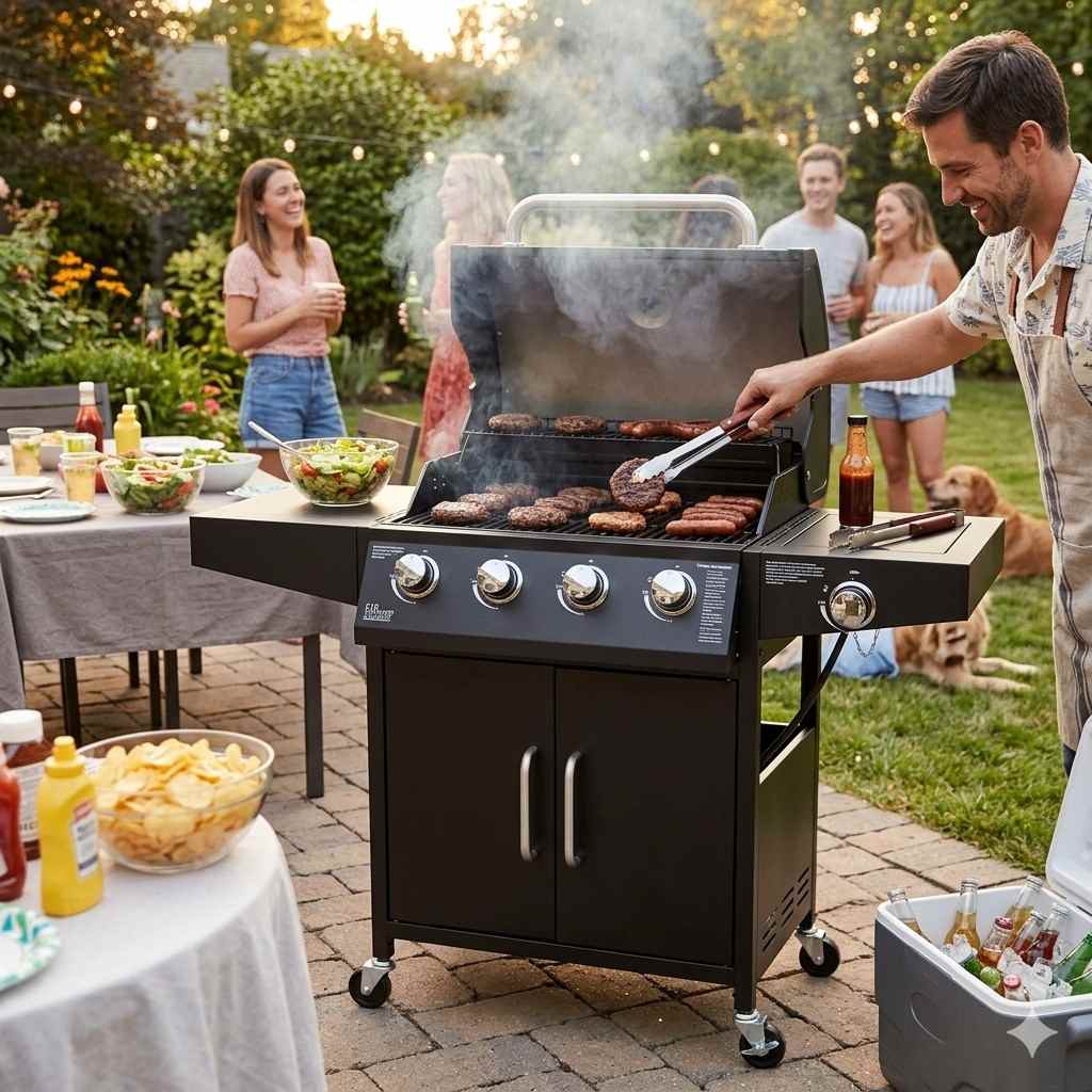 outsunny gas grill in a backyard grilling feast