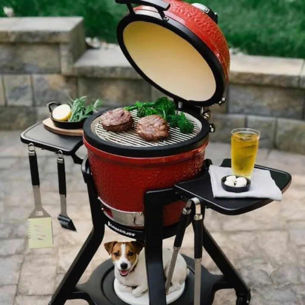 Sunjoy Charcoal Grill 20-Inch Kamado Grill Outdoor Egg Grill With Pizza Stone: Full Review 1 A Small Dog Sits Under The Grill