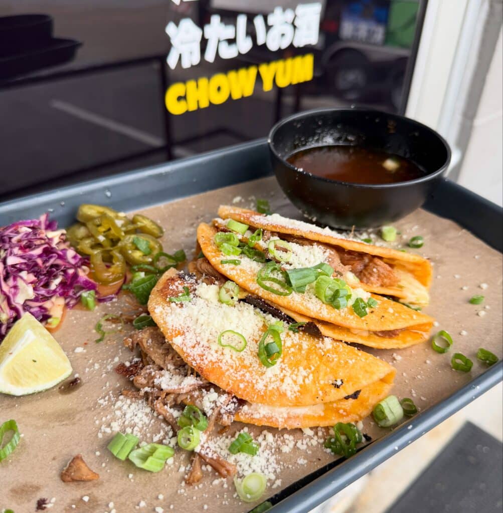 Brisket Smash Tacos With Consome Dip