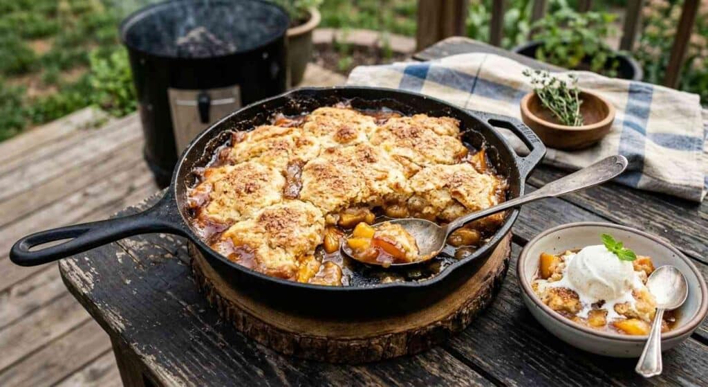 Stars, Stripes &Amp; Smoke Rings: 11 Independence Day Bbq Favorites 11 Smoked Peach Cobbler In Cast Iron