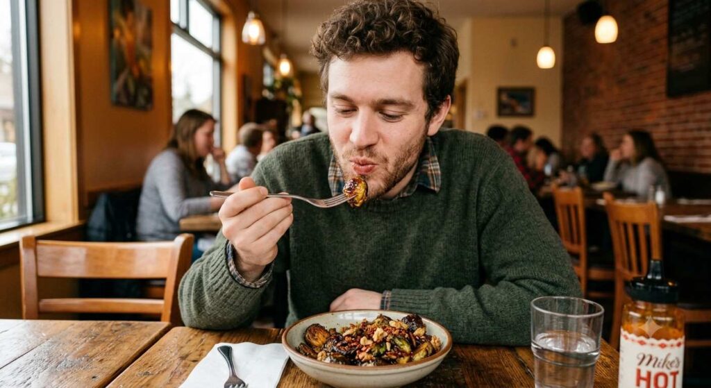 Young Man Eating Hot Honey Brussels Sprouts