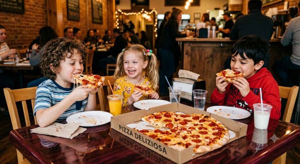 Children Eating Pizza At A Shiny Mahogany Table