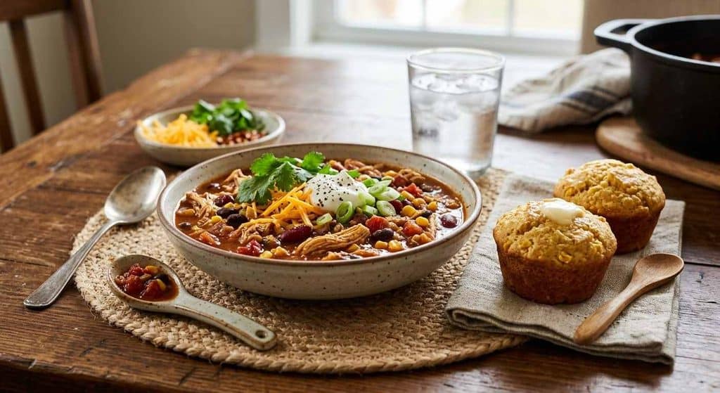 Mild Chicken Chili And Cornbread Muffins