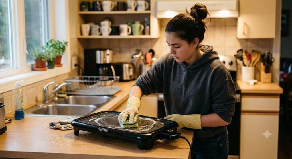Young Girl Cleaning An Electric Griddle