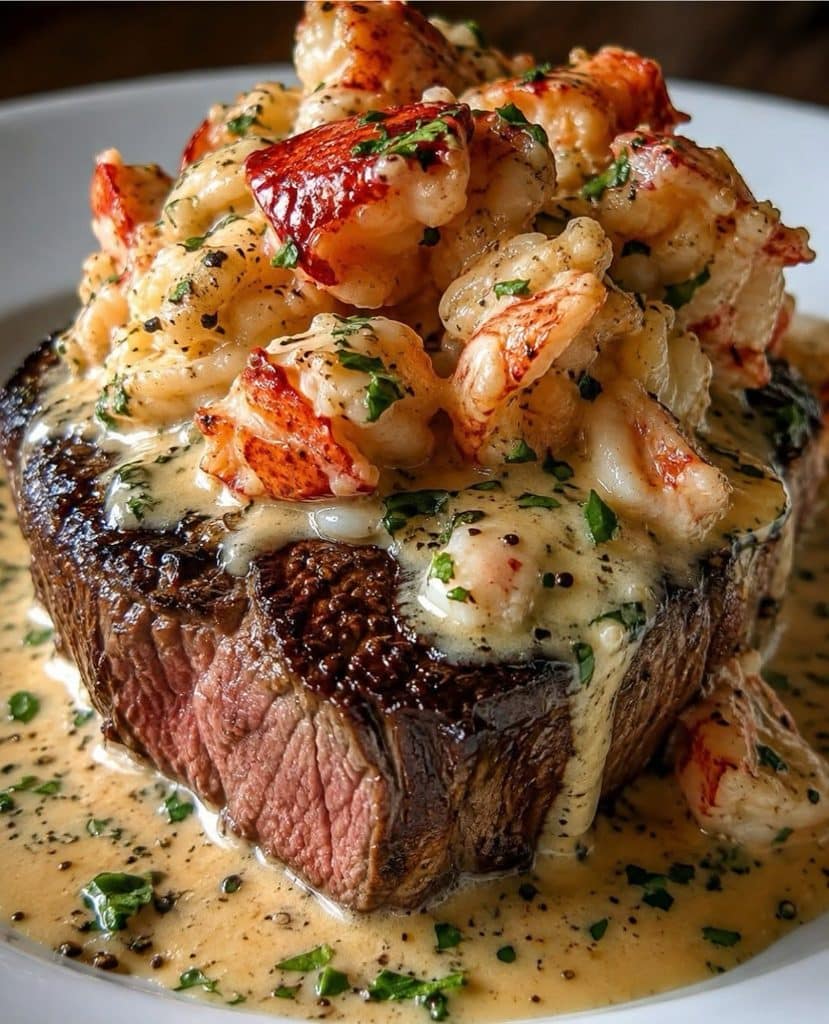 Filet Mignon With Buttery Lobster Garlic Parmesan Cream Sauce
