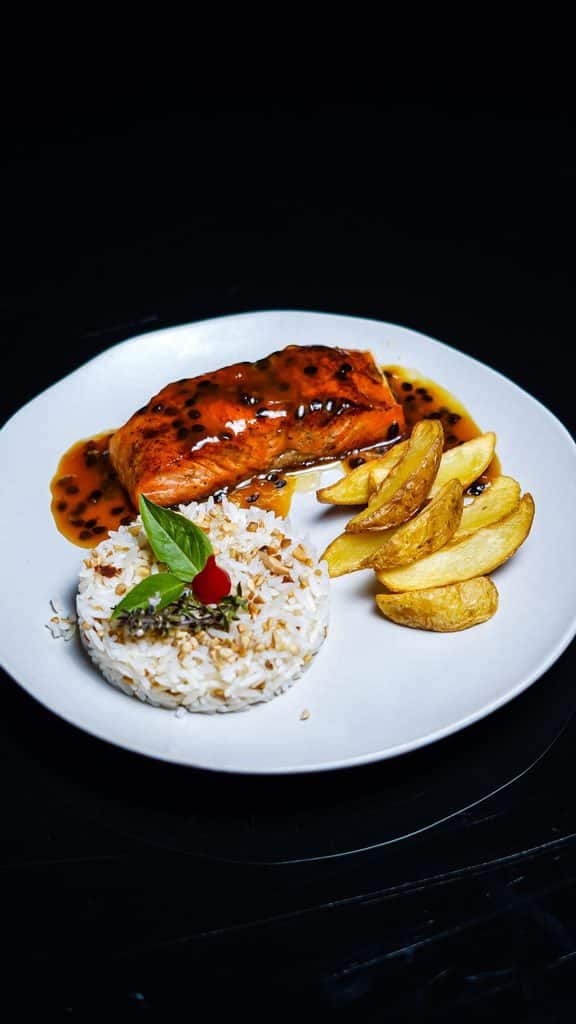Glazed Salmon Rice And Golden Potato Wedges