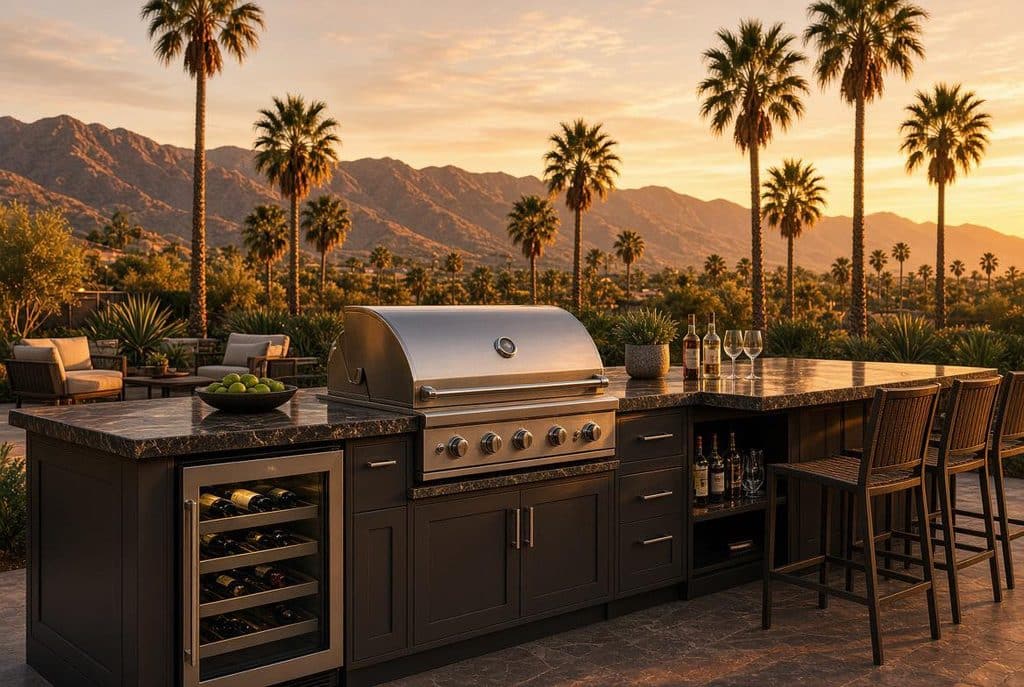 Malibu Sunset With Palm Trees And An Outdoor Grill