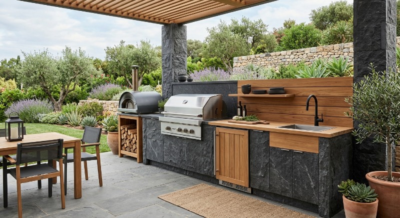 9 Stunning Modern Rustic Designs For The Ultimate Backyard Kitchen Build 5 Monochromatic Charcoal Stone And Natural Teak