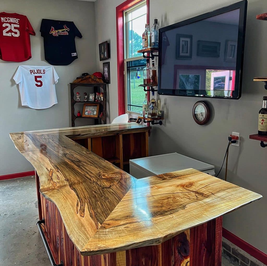 9 Stunning Modern Rustic Designs For The Ultimate Backyard Kitchen Build 7 The L-Shaped Bar With Live-Edge Wood Seating