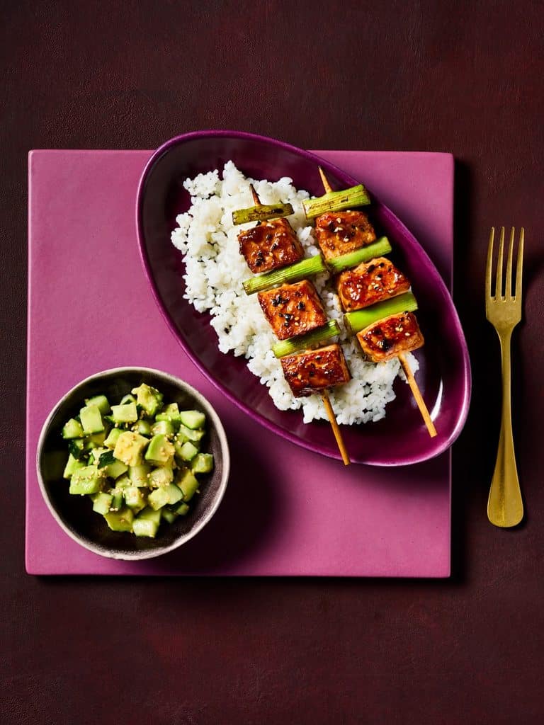 Vegetables Rice And Miso Glazed Salmon Skewers