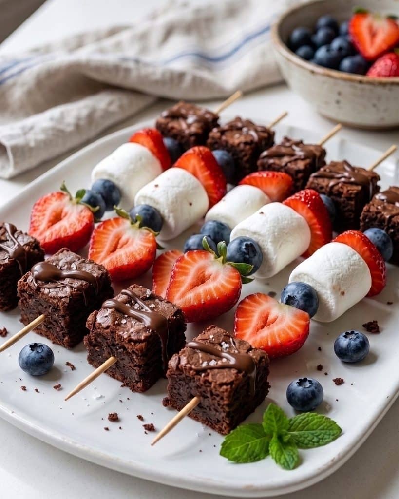 Easy Brownie Bite Skewers With Marshmallow Dip
