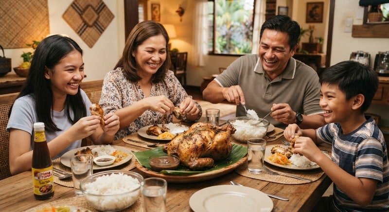 People Eating Filipino Lechon Manok 